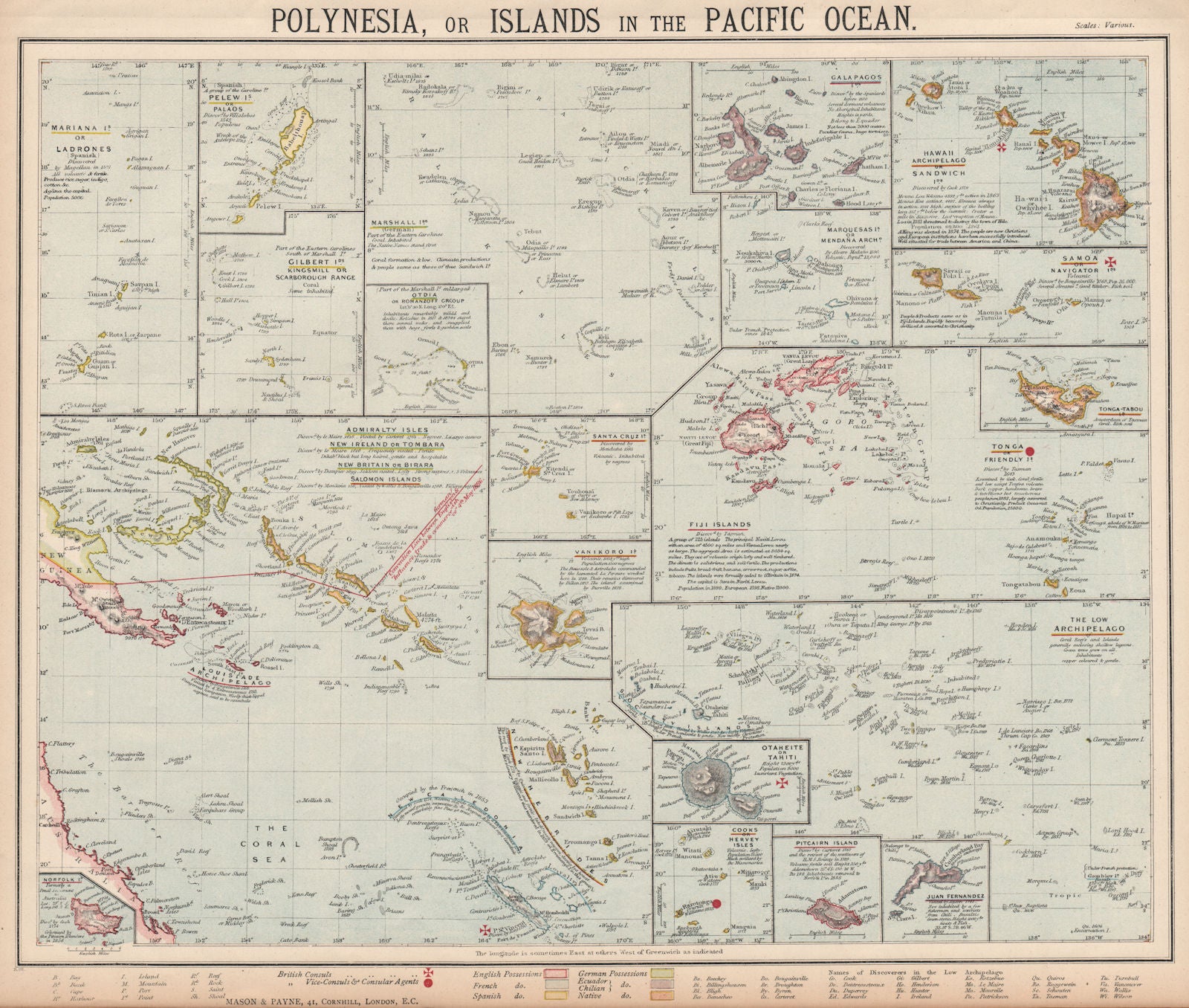 PACIFIC ISLANDS Polynesia Hawaii Samoa Fiji Tahiti Galapagos. LETTS 1889 map